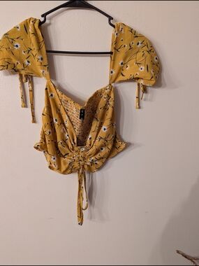 Zaful Mustard Floral Tie-Front Crop Top - Puff Sleeve Women XL